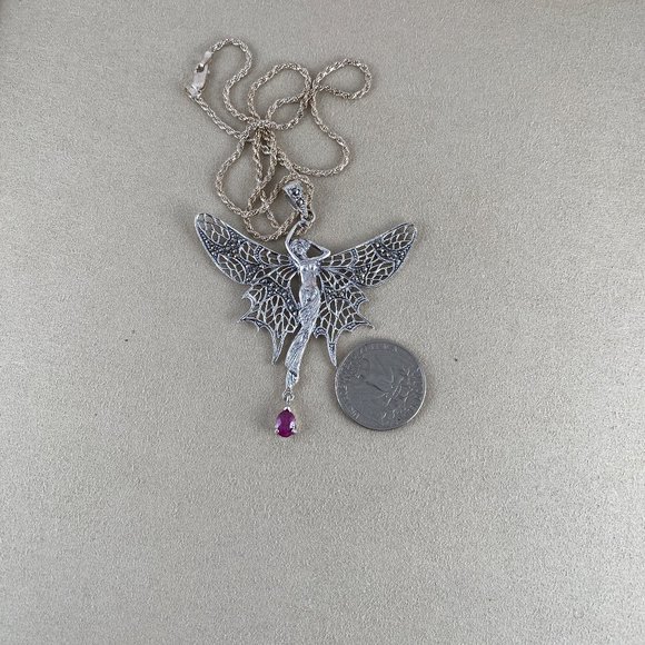 Whimsical Sterling Silver Faerie (Fairy) with Blood Red Ruby Drop Necklace - Picture 6 of 8